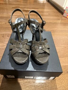 Saint Laurent Olive Croc-Embossed Leather Woven Slingback Heels